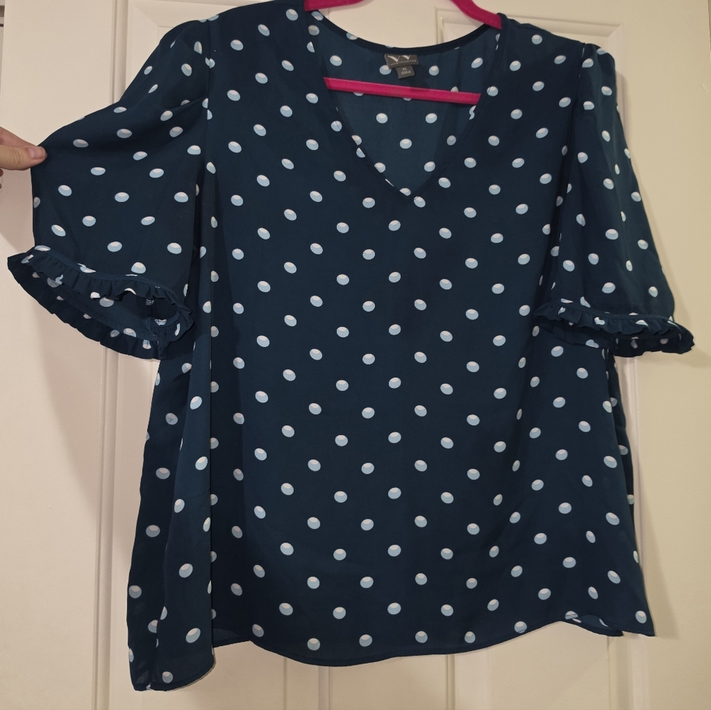 Worthington green Blouse with teal Polka Dots and Ruffle Sleeves